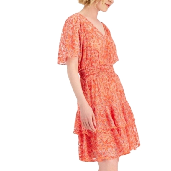 Taylor Coral Lace Tiered Ruffle V Neck Fairycore Short Sleeve Dress NWT Sz 4 - Picture 4 of 9